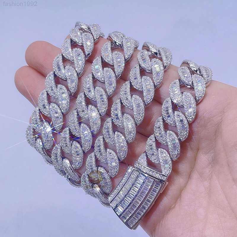 

15mm Vvs Lab Diamond Sterling Silver 925 White Gold Men Hip Hop Bling Baguette Moissanite Cuban