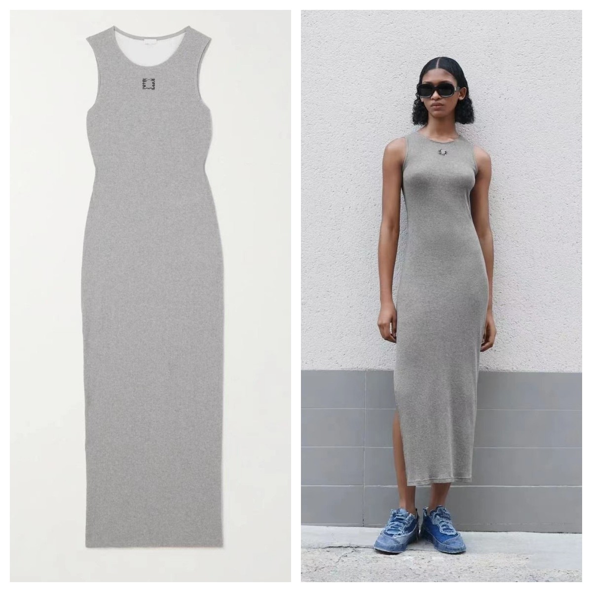

Maxi Tank Dress in ribbed Cotton Jersey With an Embroidered Anagram Casual Summer Long Dresses Sleeveless, Black
