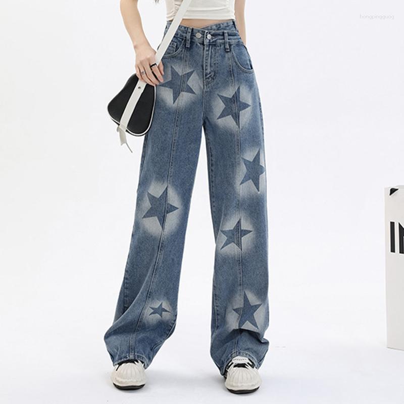 

Women's Jeans Star Pattern Wide Leg Spring Women Vintage Print High Waist Blue Distressed Femme Casual Loose Denim Straight Pants