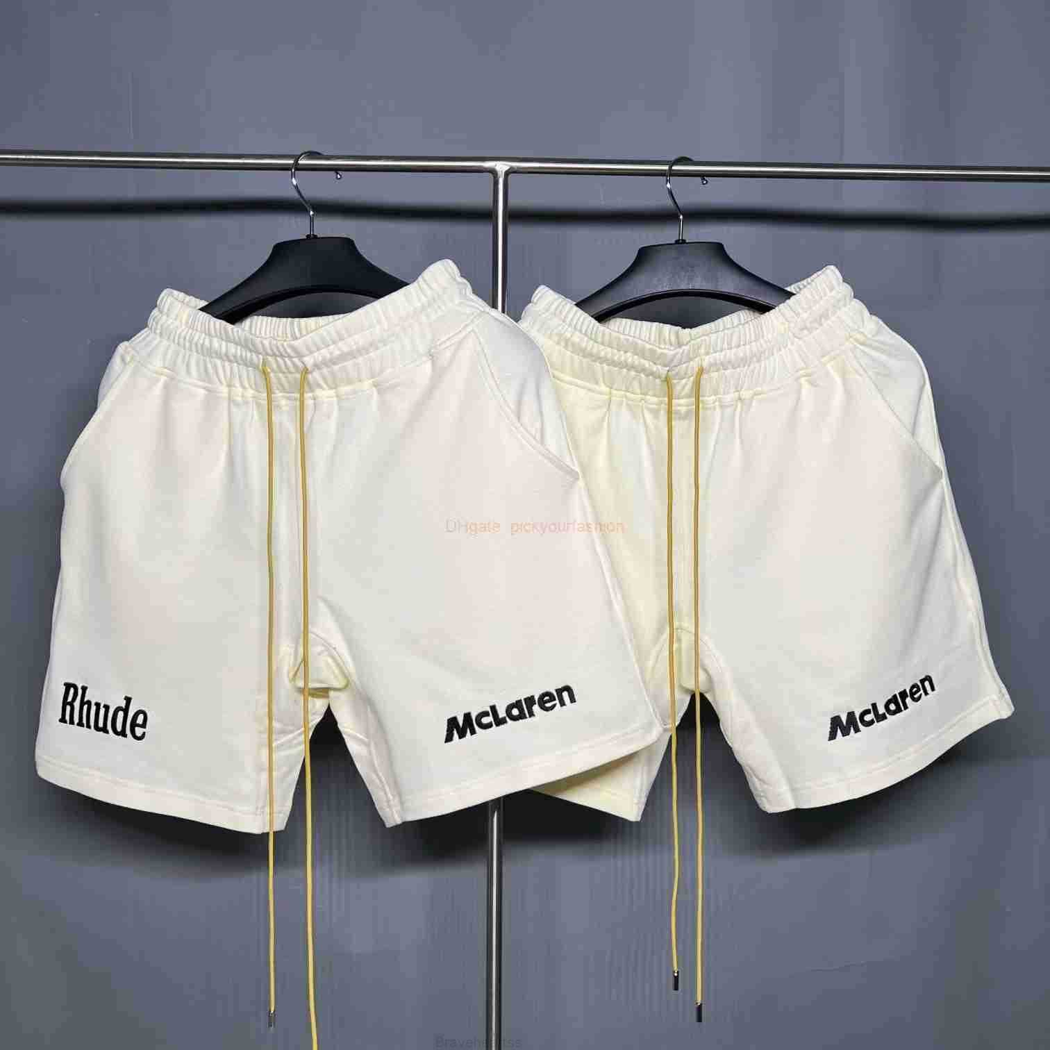 

Designer Short Fashion Casual Clothing Beach shorts Rhude x Mclaren Co Branded Letter Embroidery Drawstring Pure Cotton Casual Shorts Middle Pants Sports High Stre, Apricot