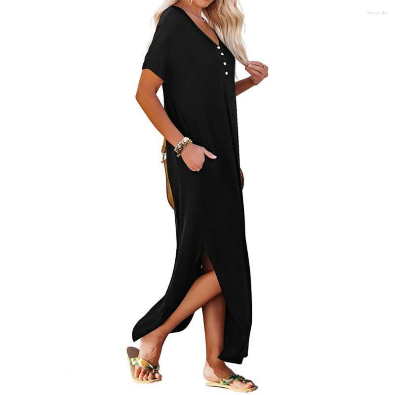 

Casual Dresses Breathable Fashion Side Split Women Summer Loose Long Dress Comfortable Ladies With Pockets Vacation Wearing, Black