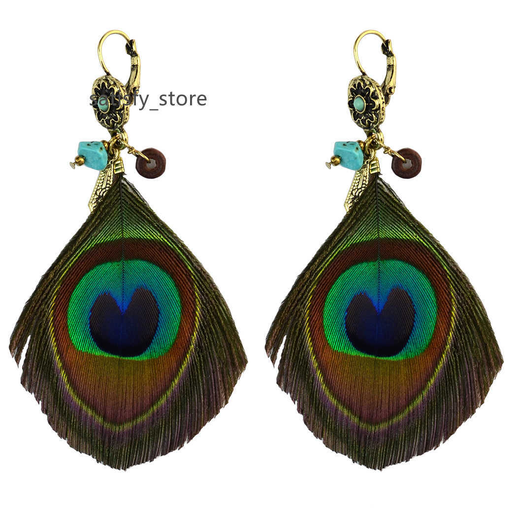 

Bohemian Handmade Green Peacock Tail Feather Drop Dangle Earrings