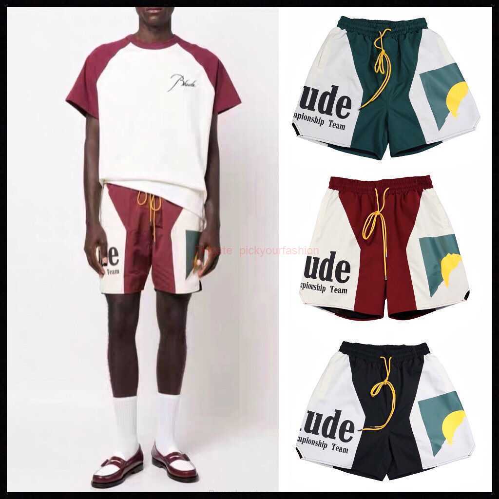 

Designer Short Fashion Casual Clothing Beach shorts Rhude Panel Short Sunset Letter Print Color Block Capris Summer Straight Drawstring Shorts Joggers Sportswear, Green