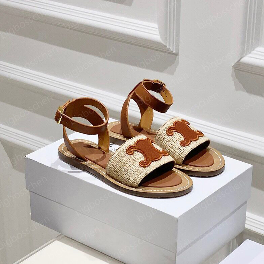 

Luxury Designer Woven Sandals LYMPIA Arc de Triomphe Women's Casual Shoes Triumph Leather Ankle Strap Open Toe Roman Sandals Summer Fashion Flat Slippers with Box, Black