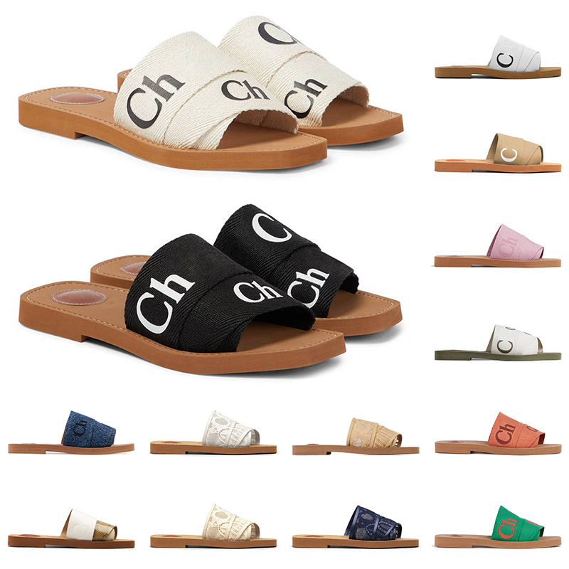 

Designer Women Woody sandals famous Mules flat classic black white lace Lettering Fabric canvas slippers womens slides platform outdoor sandal 35-42