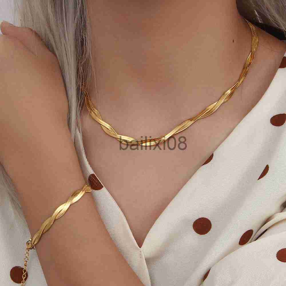 

Pendant Necklaces 18K Gold Plated Waterproof Braided Snake Chain Neckle Stainless Steel Herringbone Choker for Women Jewelry J230620