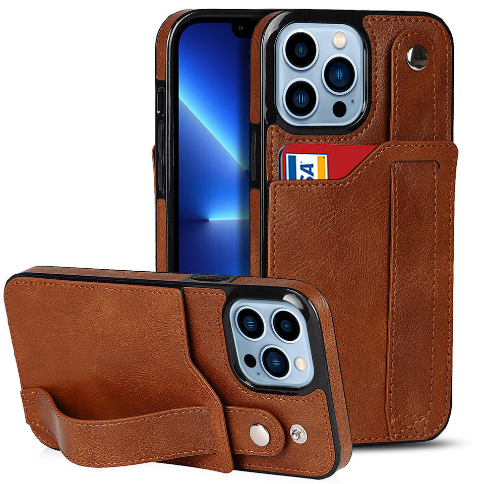 

card holder leather phone case with hand strap for iphone 11 12 13 pro max,for iphone 14 case ring card, Rose gold