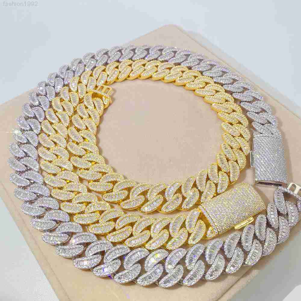 

Thick 18mm S925 Sterling Silver Full Bling Vvs Baguette Moissanite Open Buckle Iced Out Gold Diamond Miami Cuban Chains