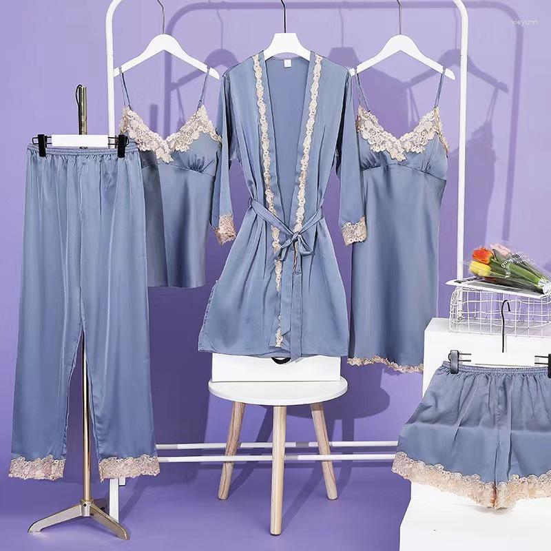 

Women's Sleepwear 5 Pcs Women's Pajama Set Silk Summer Spring Long Sleeve Ladies Bathrobe Nightdress Satin Sexy Pyjama For Female, Pink