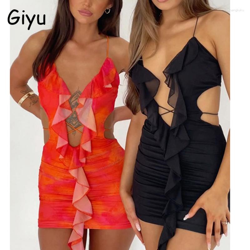 

Casual Dresses Giyu Hollow Out Ruffle Sexy Mini Dress Women Robe Summer Halter Backless Bodycon Beach Holiday Club Party Short Vestido, Black