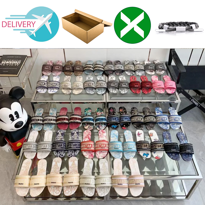 

Dior Embroidered Fabric Slide Slippers Luxury Designer Slides Womens Letter Flat Sandals Beach Comfortable Slides size 35-42, Color #63