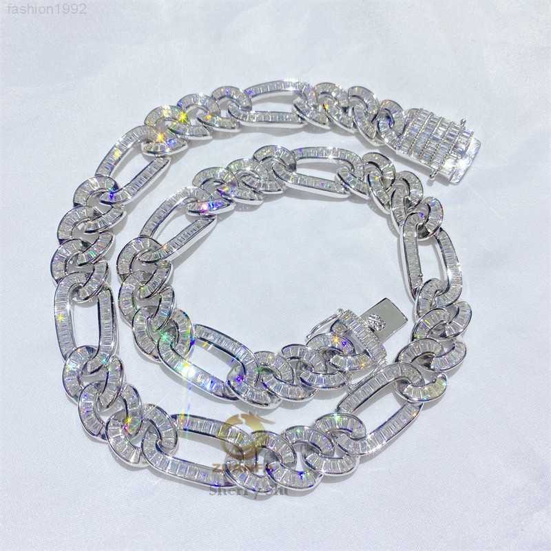 

New Arrival Custom Made 15mm Vvs Moissanite Baguette Emerald Cut Hip Hop Diamond Figaro Chain