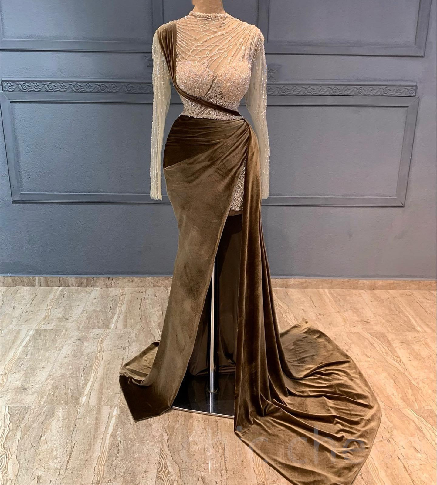 

2023 Aso Ebi Brown Mermaid Prom Dress Sequined Lace Velvet Evening Formal Party Second Reception Birthday Bridesmaid Engagement Gowns Dresses Robe De Soiree ZJ426, Water melon