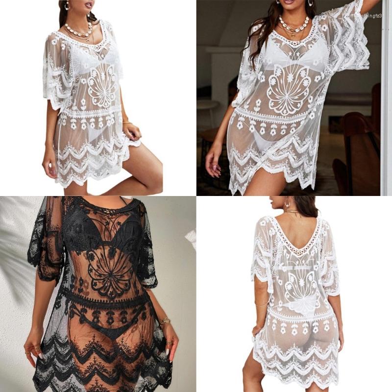 

Women's Swimwear 2023 Womens Bikinis Cover Up Loose Lace Beach-Dress Sexy See Through Bathing Suit Fashion Kaftan Beachwear, White