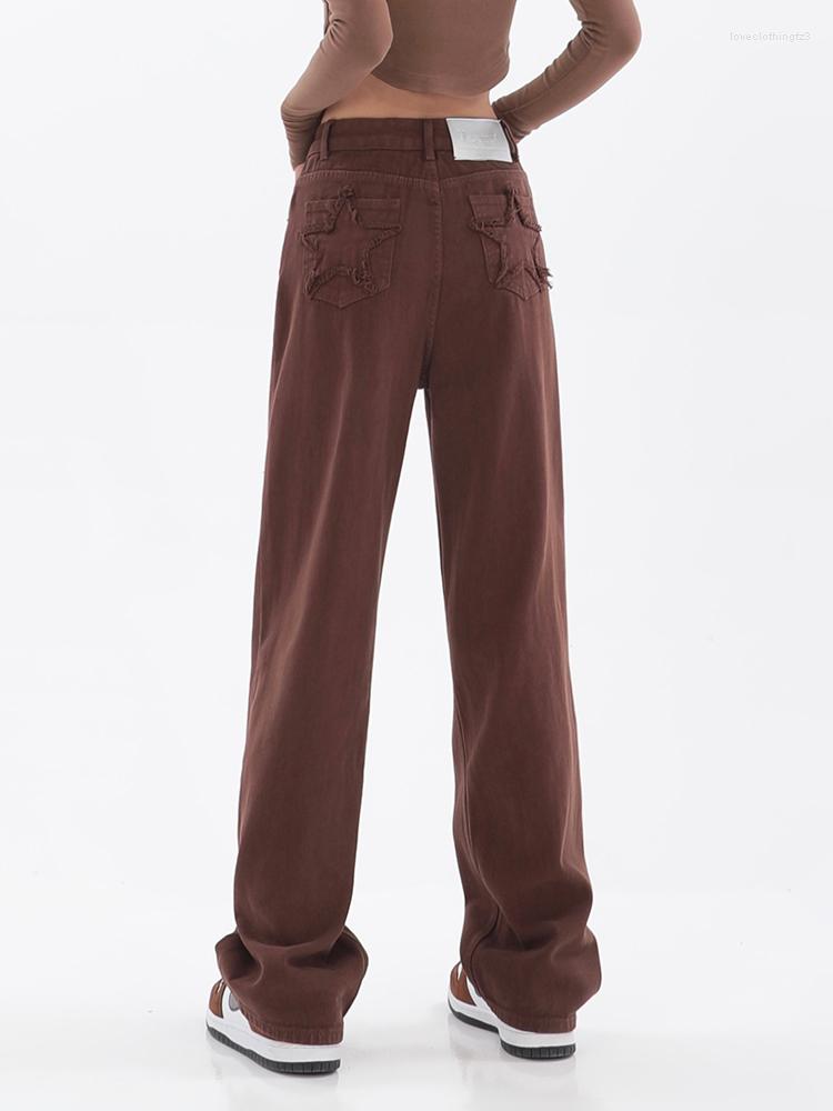 

Women' Jeans Brown High Waisted For Women Straight Wide Leg Denim Y2k Pants Streetwear Vintage Five-pointed Star Pattern Trouser, Light brown