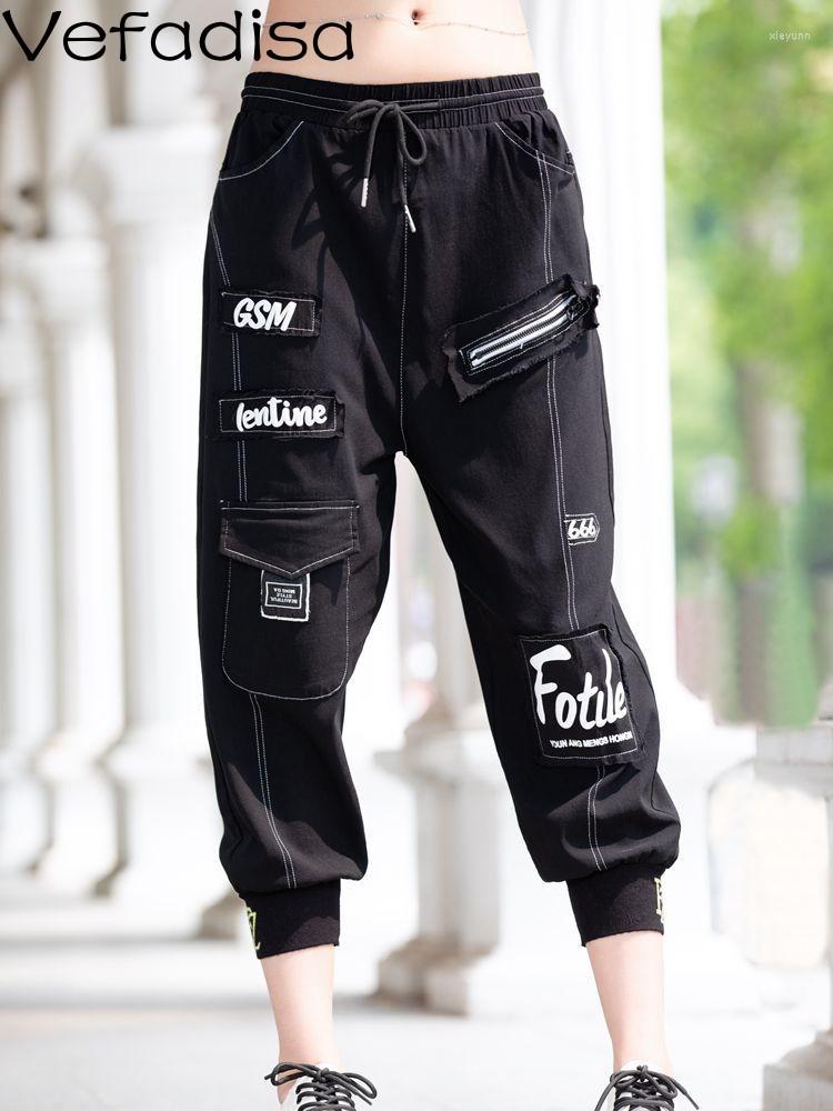 

Women's Pants Vefadisa Cargo Women 2023 Summer Streetwear Fashion Label Elastic Waist Design Casual Capris ZXF098B, Black
