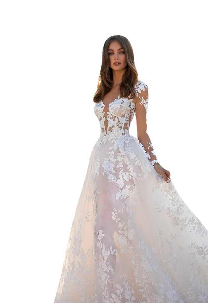 

New Arrival Flora Bride Simple A Line Wedding Dresses Jewel Long Sleeve Hollow Lace Applique Wedding Gowns Sweep Train robe de mariee, Light yellow