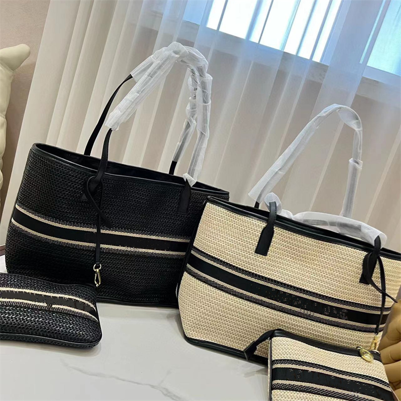 

Luxury Tote Bag Large Shopping with mini Purse Straw Plaited Article Design Handbags Knitting Totes Fashion Women Shoulder Bags Lady Handbag, Black