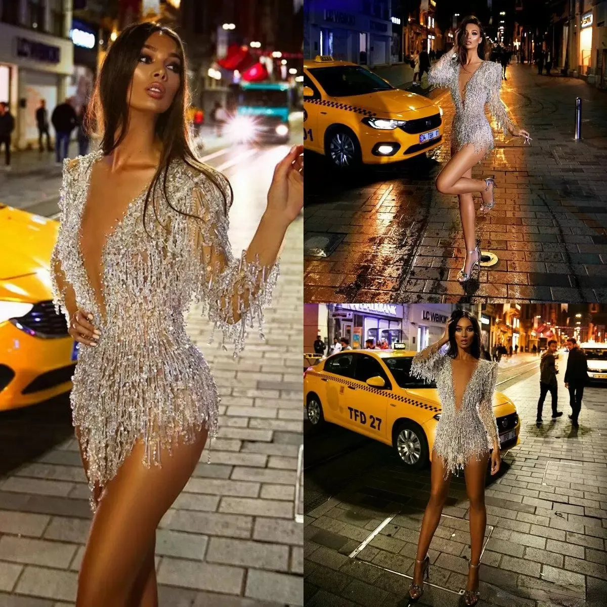 Long Sleeve 2022 Cocktail Dresses Sexy Short Deep V Neck Crystal Beads Prom Dress See Through Sexy Mini Evening Gowns CG001
