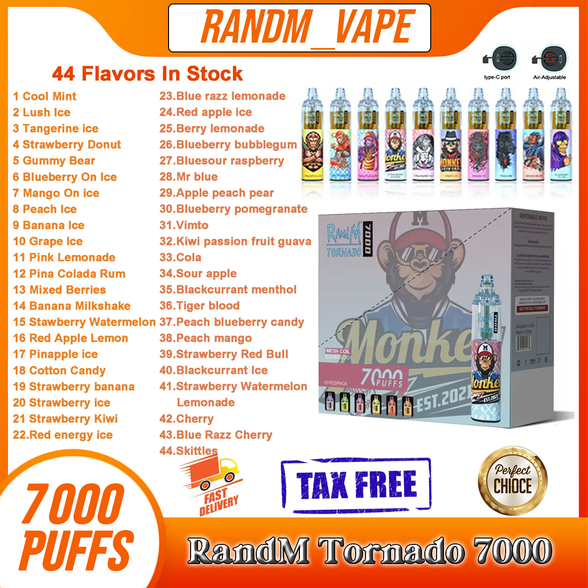 

Original RandM Tornado 7000 Puffs Disposable Vape Pen Electronic Cigarettes 14ml Pod Mesh Coil 6 Glowing Colors Rechargeable Air-adjustable 2% 5% Device Vaporizer 7K