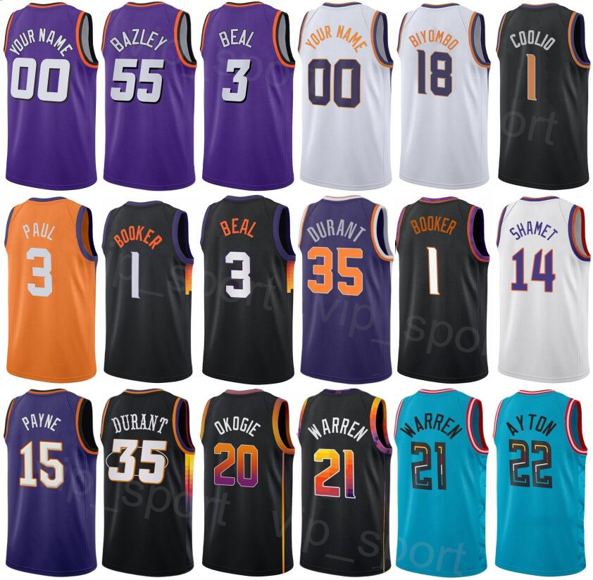 

Printed Association Basketball TJ Warren Jerseys 21 Darius Bazley 55 Bradley Beal 3 Devin Booker 1 DeAndre Ayton 22 Kevin Durant 35 Saben Lee 38 Earned Men Women, Black