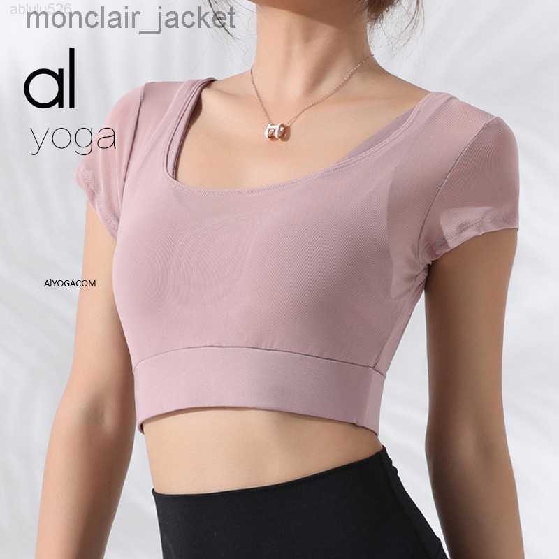 

Designer Alos Yoga New Summer Women's Sports Short-sleeved T-shirt Fitness Top Women's Slim Fit Breathable Yoga Suit, Black