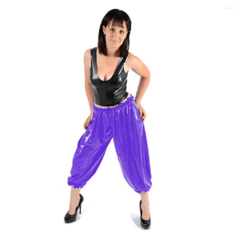 

Women's Pants Sissy Exotic Faux Latex Midi Bloomers Adult Fetish PVC Clothing Loose Elastic Frills Rave Dance Costumes Big Size Custom, Beige