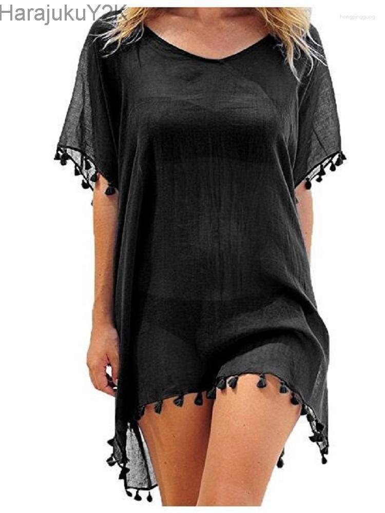 

Women's Swimwear 2023 Chiffon Tassels Beach Wear Women Swimsuit Cover Up Bathing Suits Summer Mini Dress Loose Solid Pareo Ups, White