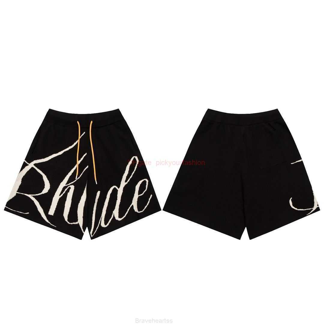 

Designer Short Fashion Casual Clothing Beach shorts Quality Rhude Letter Jacquard Knitwear American High Street Couple Loose Casual Shorts Joggers Sportswear Out, Black