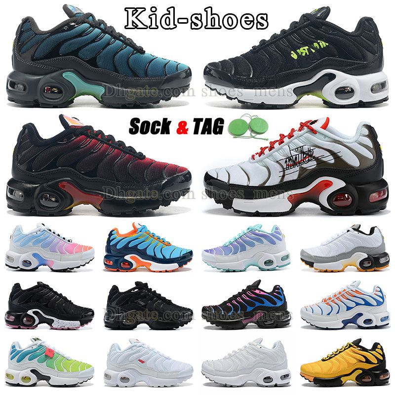 

new pattern tn plus kid shoes tns running shoes infant black red green dark blue red white orange grey boys and girls toddler kids sneaker big size 4y child shoe trainers, Tag+extra laces+socks