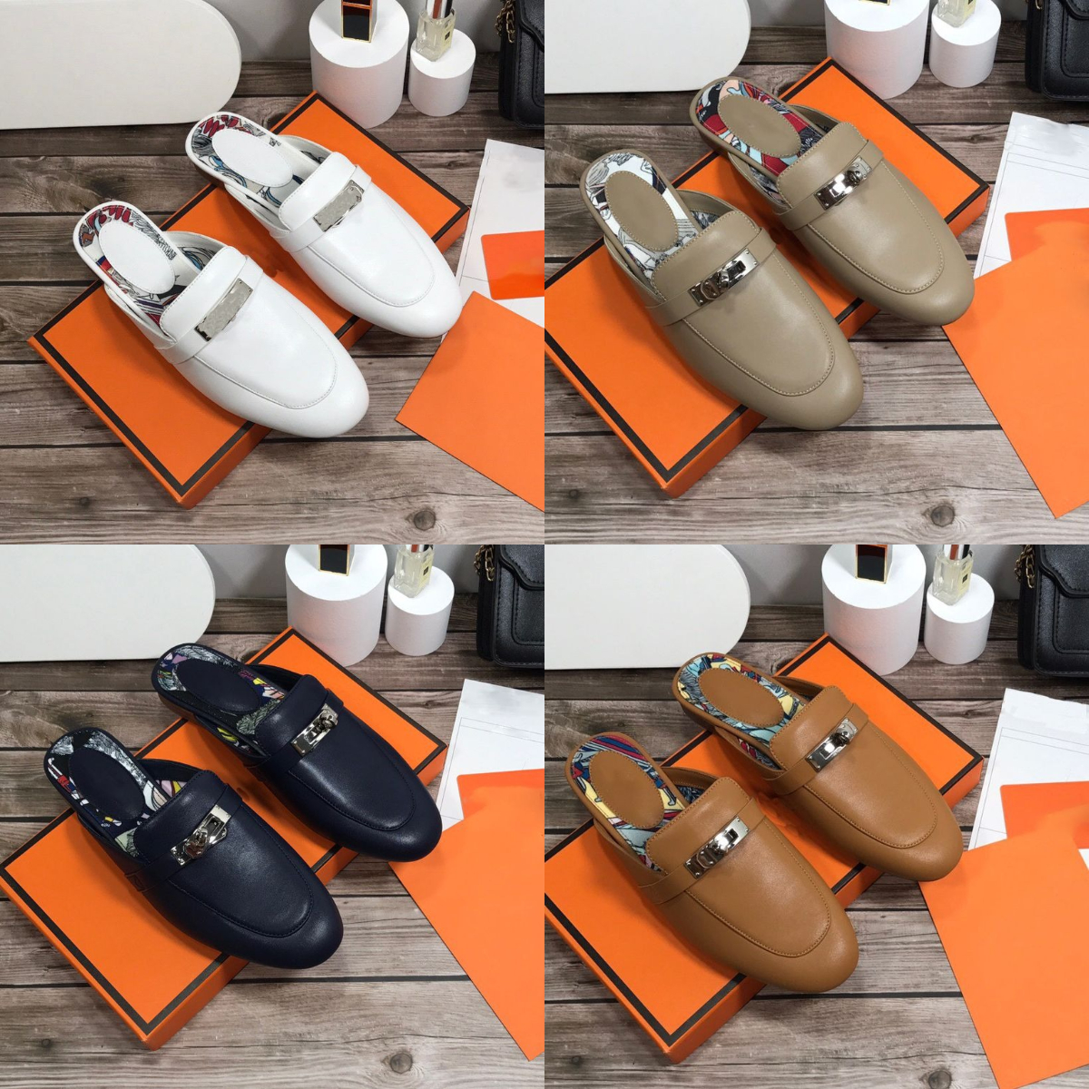 

Wrap Toe Half Slippers Women's Lock Buckle Designer Shoes Flat Bottom Mules Low Heel Loafers Single Shoes, Color 5