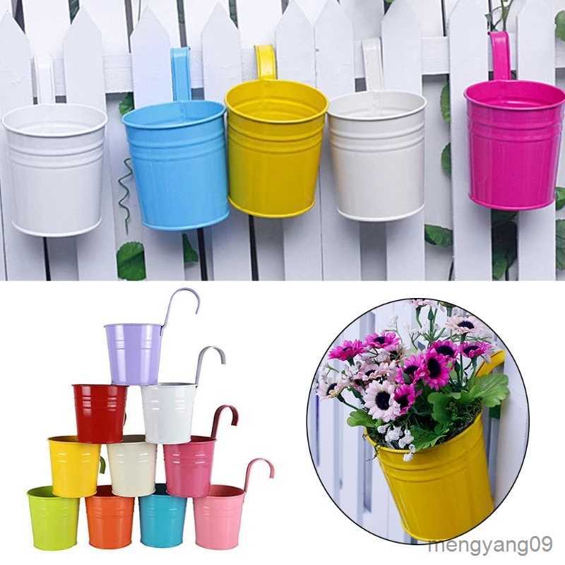 Planters Pots Colorful Metal Iron Flower Wall Hanging Flower Plants Pot Hook Bucket Tin Garden Planter Pots Balcony Hanging Succulent Basket L260-image-877991695