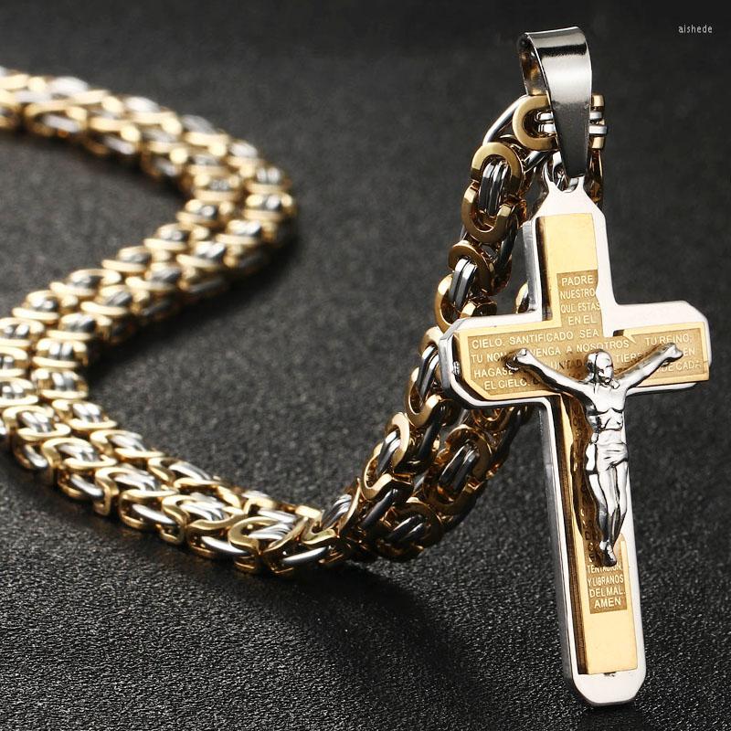 

Chains Gothic Bible Cross Crucifix Jesus Pendants Necklaces Stainless Steel Byzantine Link Chain For Men Boys Prayer Jewelry