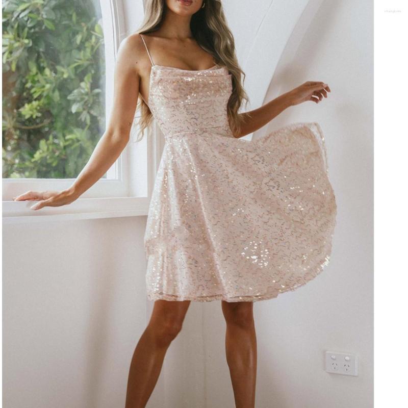 

Casual Dresses Summer Evening Party A-line Mini Dress Women Glitter Sequined Strapless Backless Spaghetti Strap High Waist Club Street, Gold