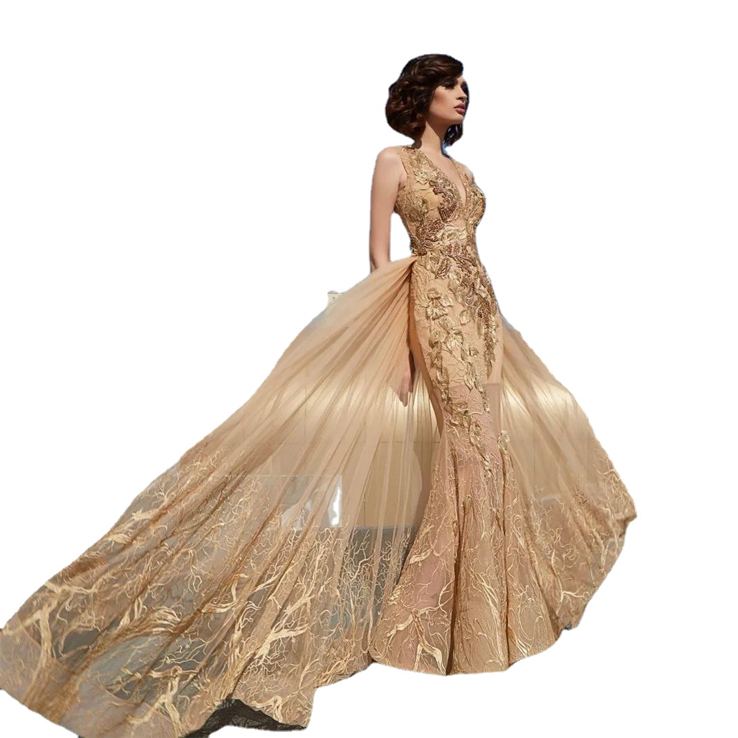 

Luxurious Gold Mermaid Evening Dresses with Overskirt Lace Beaded Sleeveless robes de soireeProm Gowns Red Carpet Celebrity Dress, Same as picture