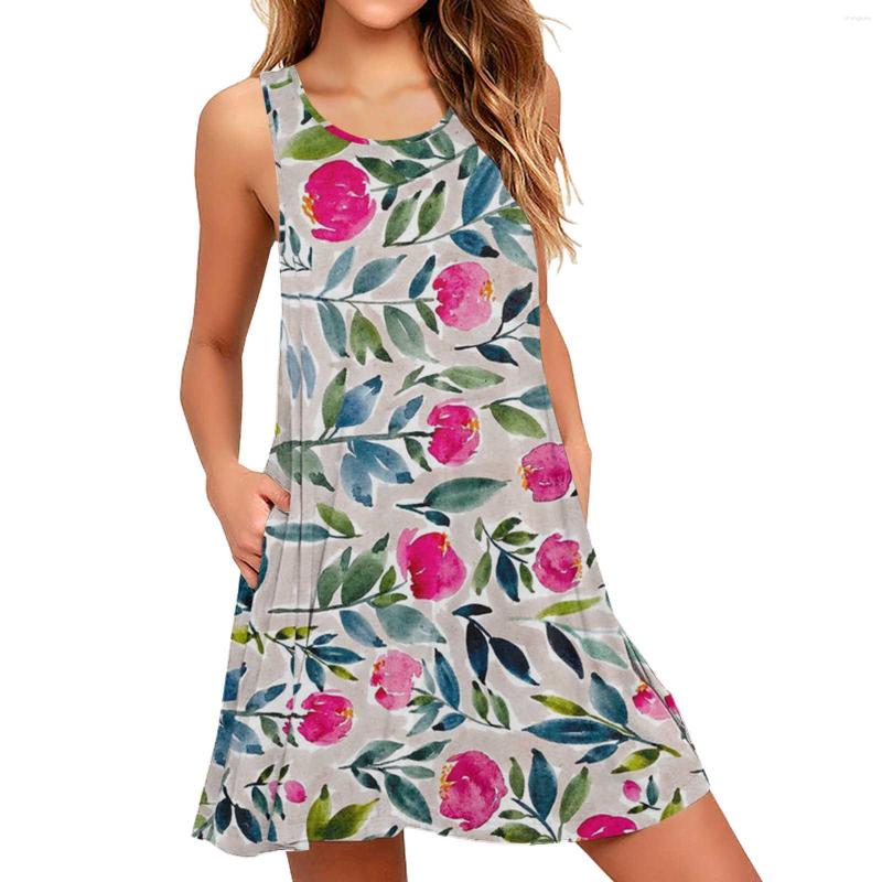 

Casual Dresses Women Summer Beach Floral Tshirt Sundress Sleeveless Tank Dress, Blue