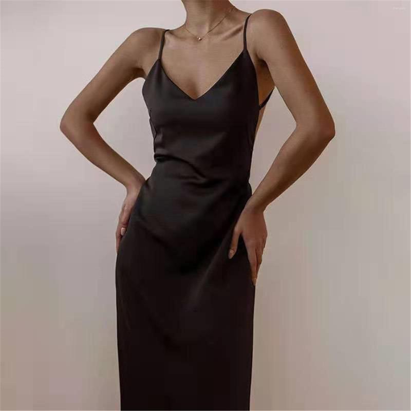 

Casual Dresses Sleeveless Strapless Solid Camisole Skirt V Neck Ladies Sexy Color Backless Dress Party Club For Female, Black