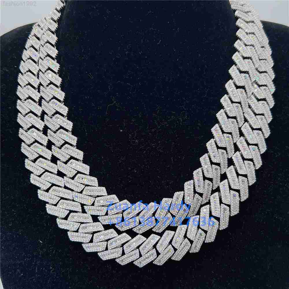 

18mm Hip Hop Jewelry Men Necklace 925 Sterling Silver Fully Iced Out Luxury Vvs Moissanite Baguette Diamond Cuban Link Chain