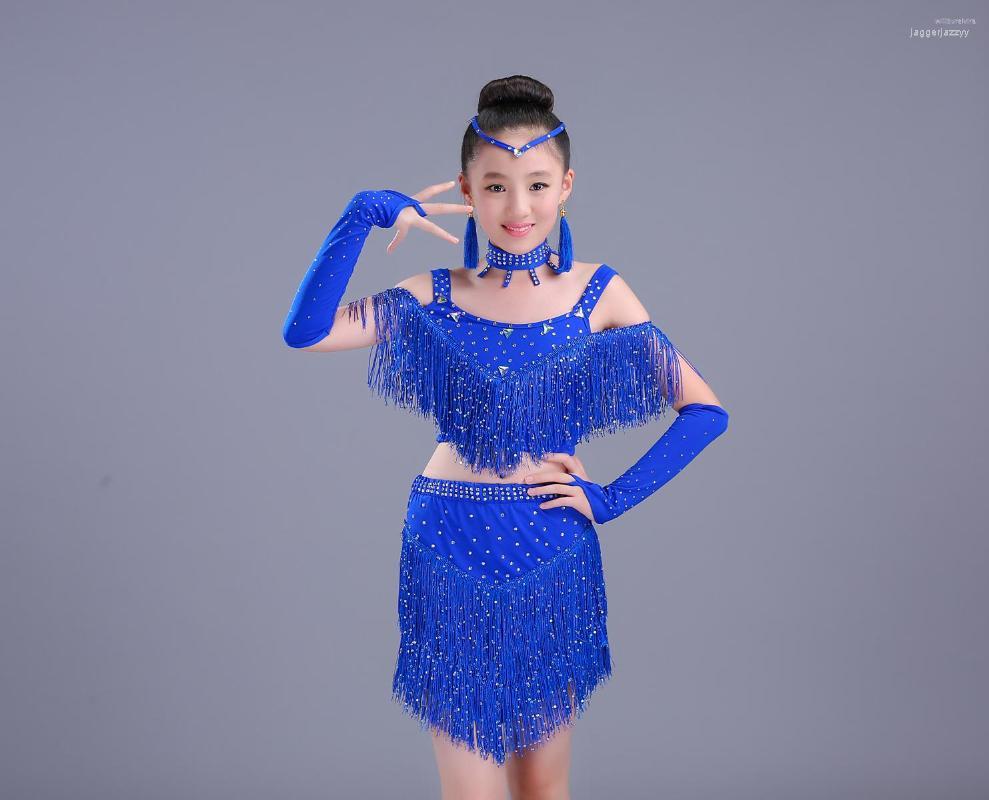 

Stage Wear Children's Latin Dance Skirt Costumes Tango Girls Modern Competition Sequins Tassel Practice Performance Clothing