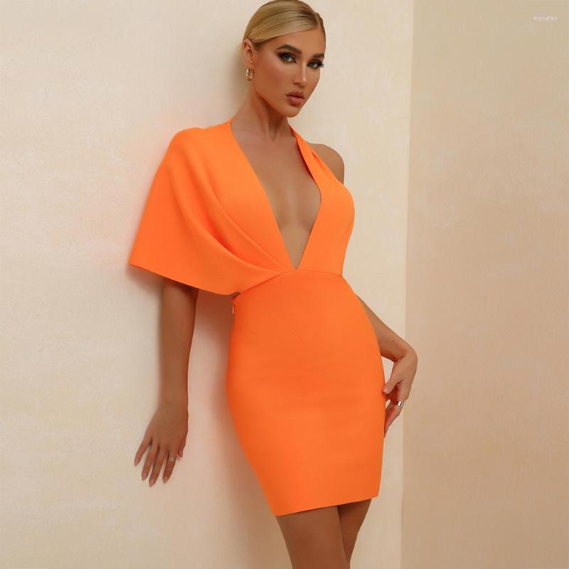 

Casual Dresses Bandage Dress 2023 Summer Orange Bodycon For Women Sexy V Neck Backless Mini Club Celebrity Party Birthday Outfit