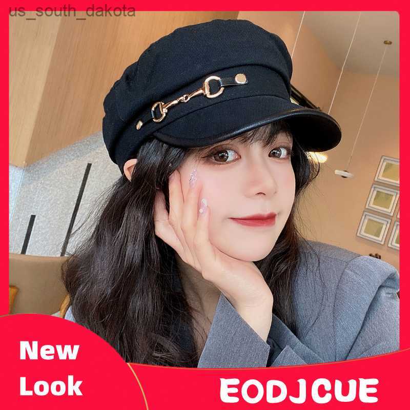 

Korean Ins Fashion Metal Buckle Flat Top Navy Hat Women Spring and Autumn British Retro Versatile Beret Cap Sombrero Mujer L230523, Light khaki