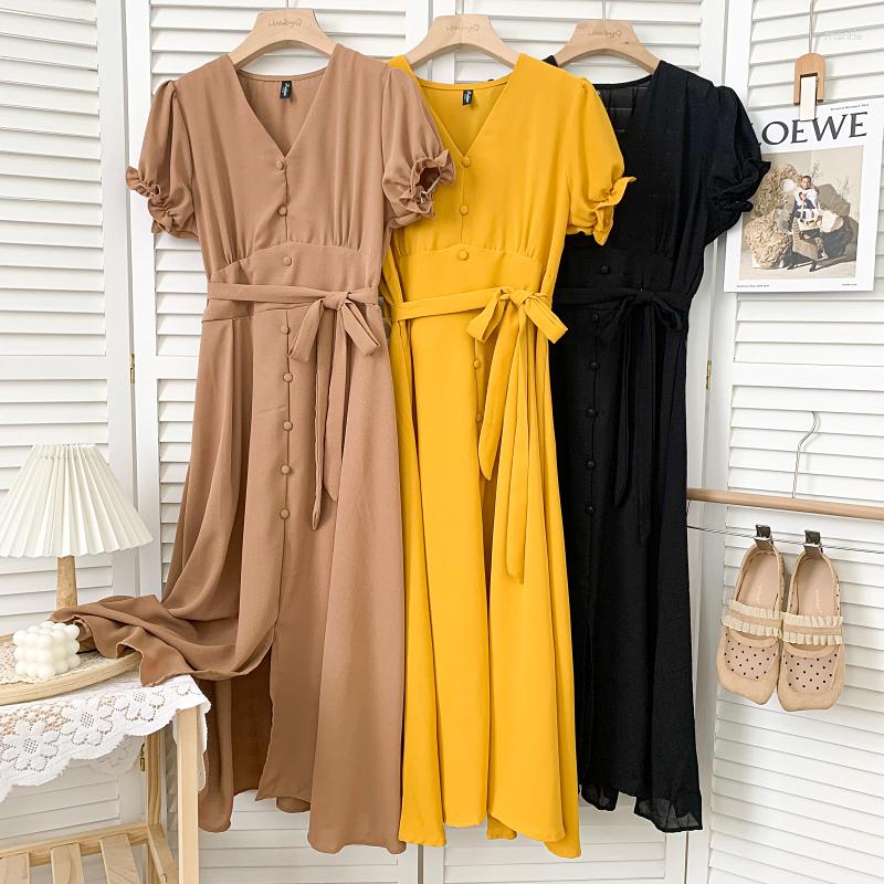 

Party Dresses Vintage V-neck Single-breasted Waist Tie Puff Sleeve Midi Long Split Dress Female 2023 Summer Elegant Dresss Fashion Vestidos, Khaki
