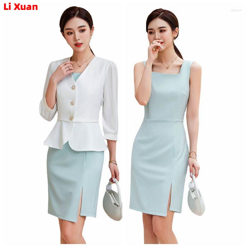 

Work Dresses Korean Spring Summer Dress Suits Women Fashion Two Piece Set Outfits Blazer Top Office Ladies Formal OL Professional Wear, Blue blazer dress