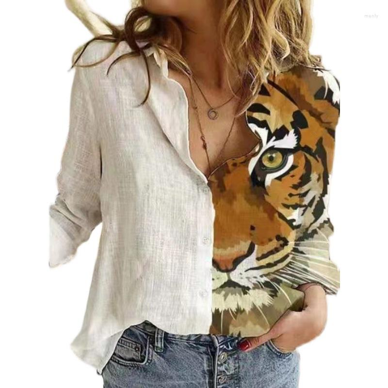 

Women' T Shirts Spring Autumn Fashion Print Blouse Top Women Tiger Loose Lapel Button Long Sleeve Office Lady Leisure Streetwear Tops, Black