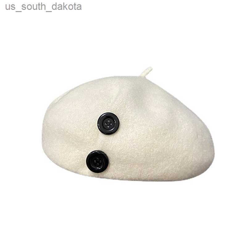 

Quality Wool Black Buttons Beret Fashionable White Thick Octagonal Hat Autumn Winter Painter Beret Hat L230523