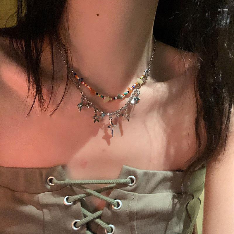 

Pendant Necklaces Korean Fashion Trendy Vintage Colorful Beaded Star Necklace For Women Party Street Punk Goth Jewelry Y2K EMO Accessories