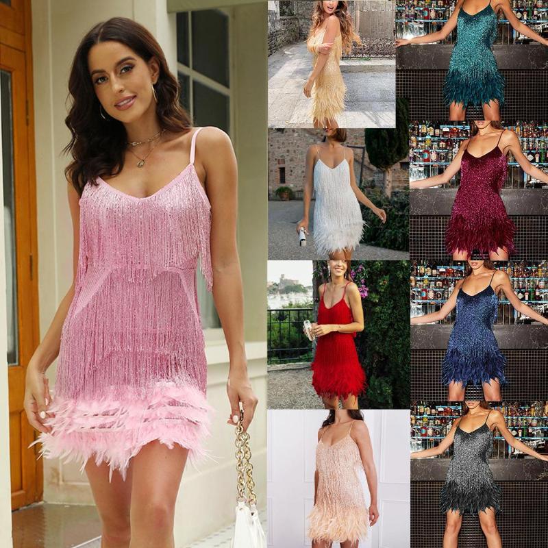 

Stage Wear Sexy V-Neck Strap Sequin Mini Dress Tassel Feather Stitching Latin Dance Evening Party Nightclub Ladies 2023, Black