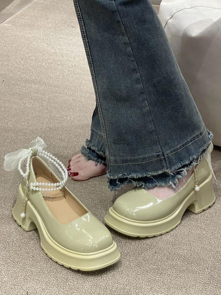 

Dress Shoes 2023 Summer Korean Style Mary Janes Women Fashion Vintage Office Lady Causal Buckle Round Toe Pumps Solid Design, Green