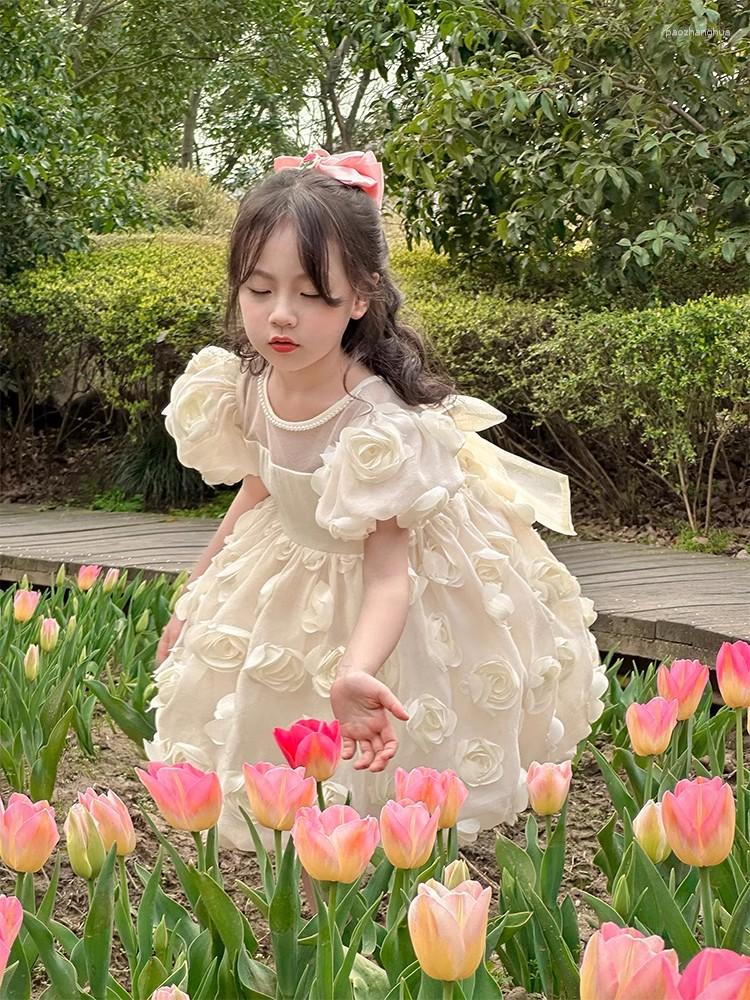 

Girl Dresses Stereoscopic Rose Floral Puff Sleeve Princess Girls Pearls O-Neck Back Bow Kids 2023 Summer Dress Party Birthday, Beige