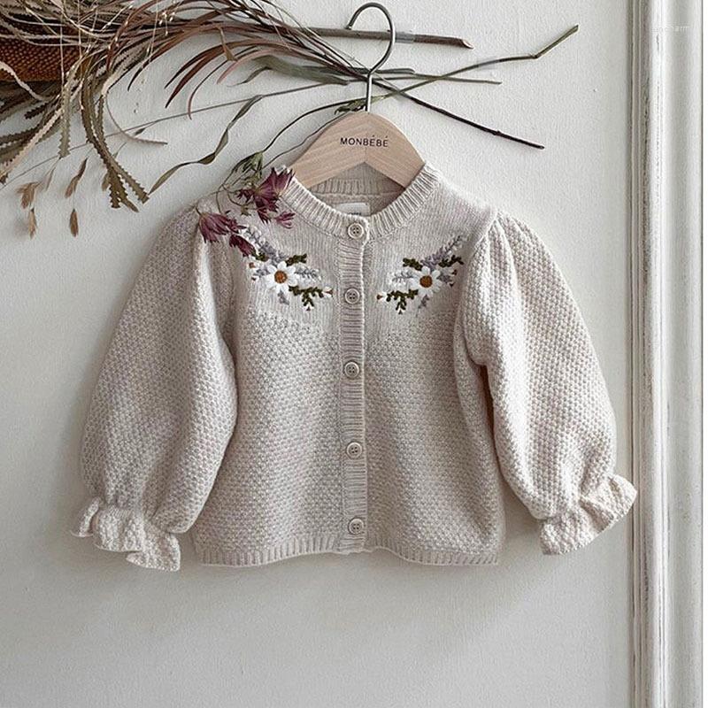 

Jackets 2023 Spring Autumn Infant Girls Cardigan Cotton Embroidery Floral Knitted Sweaters Plaid Lantern Sleeve Coat Baby Outfits, Dark grey